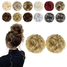 FeidyLong 2 PCS Messy Bun Hair Piece Wavy Curly Scrunchies Synthetic Chignon Ponytail Hair Extensions Thick Updo Hairpieces for Women Girls(Ash Blond)