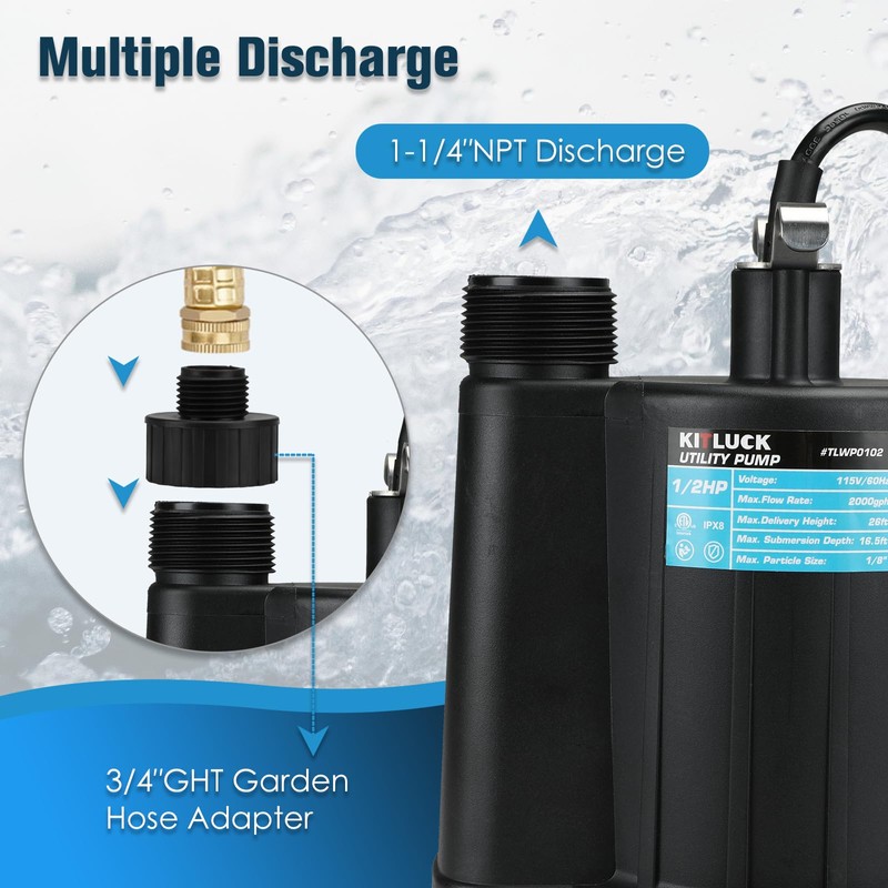 KITLUCK Sump Pump, 1/2HP 2000GPH Submersible Water Pump Electric, Thermoplastic