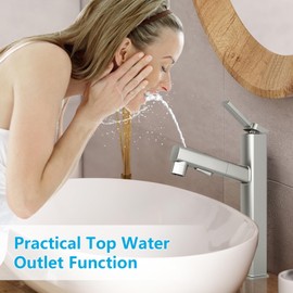 MIAOHUI Vessel Sink Faucet with Pull Out Sprayer, 3 Spray Mode Tall Bathroom Sink Faucet, High Bathroom Faucets for Sink 1 Hole, Single Handle Modern Vanity Faucet with Fountain Mode, Brushed Nickel