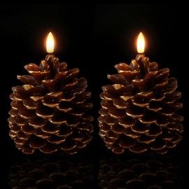 Homemory 2 Pcs LED Pine Cone Candles, Flameless Candles with 6H Timer, Battery Operated Flickering Candles, Real Wax Pinecone Candles for Christmas Indoor Decoration, Brown(D4.3 x H6 Inch)