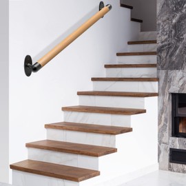 SELEWARE 36 Inch Wood Handrail Indoor Stairs Handrail Wall Mount Handrail w/Sturdy Metal Barckets, Barrier-Free Staircase Grab Bar for Elderly, 1.3 Inch Round