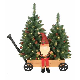 Enchanted Forrest 3' LED Lighted Santa Wood Cart w/ Christmas Trees Indoor Tabletop Holiday Decor