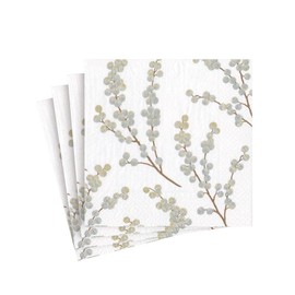 Caspari Berry Branches Paper Cocktail Napkins in White & Silver - 20 Per Package