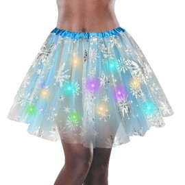 LED Tutu Skirt Light Up Layered Tulle Sparkly Party Tutu Costume for Women and Girls (Blue and White)