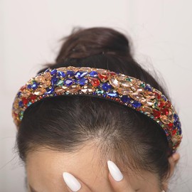 BERYUAN Baroque Colorful Rhinestone Sponge Headband Stained Glass Drill Headband Vintage Wide Edge Stained Glass Drill Headpiece Baroque Queen Glass Drill Hair Accessories for Women Girls (colorful)