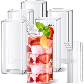Square Glass Set of 6, 13oz Highball & Cocktail Glasses, with Straws & Brushes for Bar Homecolor: Straw, Capacity: 13OZ