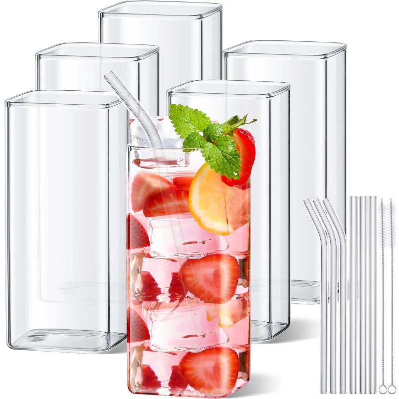 Square Glass Set of 6, 13oz Highball & Cocktail Glasses,