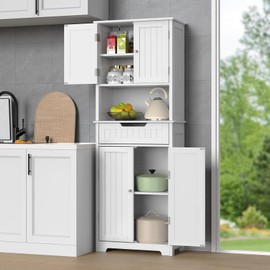 VVFLU Pantry Cabinet, 67 inch Kitchen Pantry Linen Cabinet Freestanding, Kitchen Pantry Storage Cabinet, 1 Drawer, 4 Doors, 2 Shelves, for Kitchen, Living Room, Modern White