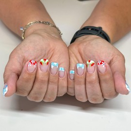 Press on Nails Square Short French Tips Glossy Full Cover Acrylic Square Summer False Nails with Flower Fruits Star Designs Artificial Short Coffin Fake Nails with Glue Stick on Fingernails for Women