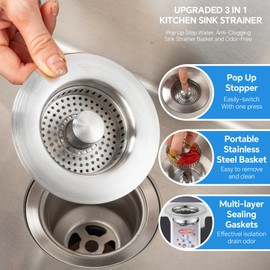 SELLO Kitchen Sink Drain Strainer 3 in 1, 304 Stainless Steel Pop-Up Sink Stopper with Filter Basket Anti-Clogging Sink Drain Strainer for US Standard Kitchen Drain