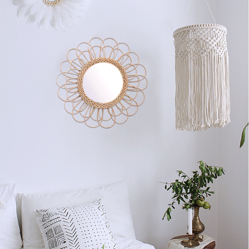 40cm Hanging Mirror Rattan Sunflower Circular Wall Mirror Decor Boho
