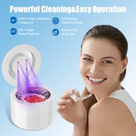Retainer Cleaning Machine,45KHZ Professional Mouth Guard Cleaner Machine for Dentures,Aligner,Jewelry,Braces,Mouth Guards,Shaver Head,180ML Portable Denture Cleaner Machine(White)