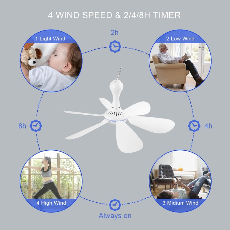 SCOOYEEES Silent USB Powered Ceiling Fan with Remote Control Timing