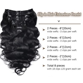 Body Wave Clip In Hair Extensions For Black Women 8Pcs Clip In Human Hair Extensions With 18 Clips Double Weft Natural Color 120g(14inch, Natural Black Body)