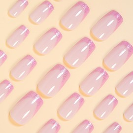 24Pcs Pink French Press on Nails Short Square Nail Tips Fall Fake Nails Press ons with Glitter Design Acrylic Nail Kit Full Cover Nude False Nails Glossy Glue on Nails for Ma'am
