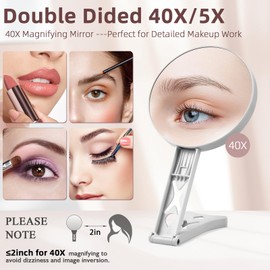 Magnifying Mirror 40X/5X Double Sided Hand Mirror, Precision Makeup at 40X Magnification & Overall View at 5X，Travel Handheld Magnified Makeup Mirror with Handle & Table Stand, Vanity Cosmetic Mirror