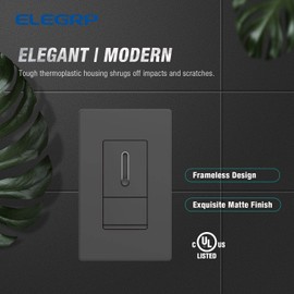 ELEGRP Slide Dimmer Switch for Dimmable LED, CFL and Incandescent Light Lamp Bulbs, Single Pole or 3-Way, Full Control with Preset, Rocker Paddle, Wall Plate Included, UL Listed (1 Pack, Matte Black)