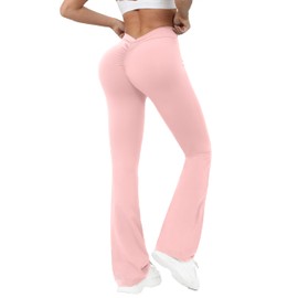 OVESPORT Workout V Back Flare Leggings for Women High Waist Scrunch Butt Lifting Wide Leg Yoga Pants Pink