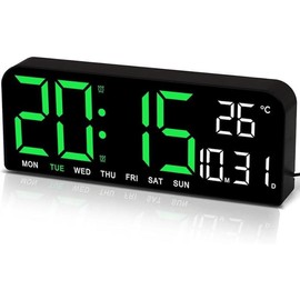 LED Digital Wall Clock Decorative, 10" Digital Alarm Clocks for Bedrooms, Digital Clock Large Display with Temperature/Countdown/Auto Dimmer/Snooze - 12/24H, Modern Wall Clock Digital for Kids - Display Color: Green
