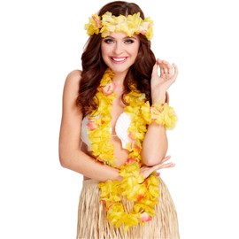 Smiffys Hawaiian Set, Yellow with Garland, Headband and Wristband, Hawaiian Luau Fancy Dress, Hawaiian Dress Up Accessories
