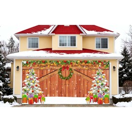 Rustic Christmas Garage Door Cover 7 x 16 Ft Christmas Garage Banner Wood Texture Board Door Cover Large Yard Banner for Party Decorations Outdoor House Wall Decor