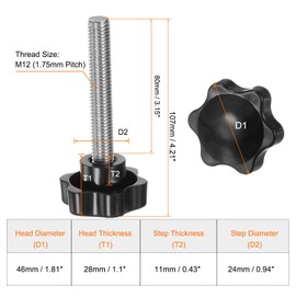QUARKZMAN Pack of 2 Knurled Screws with Star Handle M12 x 80 mm x 46 mm Star Grip Screw Plastic Knob Stainless Steel 304 Threaded Bolts Clamping Screw Star Grip Nut Clamping Knob for Machine