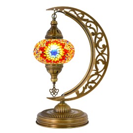 mozaist Turkish Tiffany Style Moon Shape Table Lamp, Moroccan Mosaic Crescent Handcraft Desk Light, Rustic Stained Glass Dining Room, Bedside Colorful Home Decor with E12 Socket & US Plug (Sunflower)