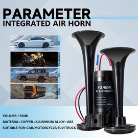 FARBIN Black Air Horn for Truck Train Horn for Car Loud Car Horn with Button Truck Horns with Compressor 12v Airhorns Horns Loud Dual Trumpet