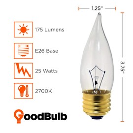 GoodBulb 25-Watt Incandescent Flame Tip Light Bulbs CA10 Clear Finish Medium E26 Base 2700K Warm White Color Dimmable 25W 175 Lumens Pack of 12 Bulbs