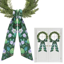 Flower Wreath Sash for Front Door - 2 Pcs Green Floral Wreath Sashes with White Magnolia Flowers, 60 Inch Green Leaves Sash for Wreaths for Garland Farmhouse Doorway Yard