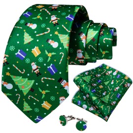 DiBanGu Mens Green and White Christmas Ties,Festive Snowman Printed Necktie Pocket Square Cuffliks Set Xmas Holiday Ties with Gift Box