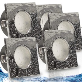 trendlights24 Aqua Base Ceiling Recessed Spotlight Square IP65 Set of 5 Ultra Flat 50 mm LED Spotlights 5 W 230 V Neutral White - Shiny Chrome Bathroom Wet Room