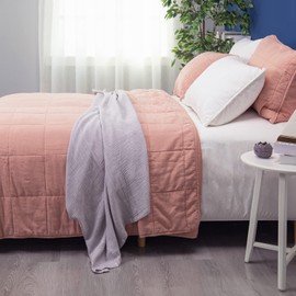 meadow park Stonewashed Linen Blend Box Stitch Quilt and Matching Pillow Shams 3pcs Set, King Size, Blush Color