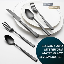 Matte Black Silverware Set, EIUBUIE 40-Piece Premium Stainless Steel Black Cutlery Set for 8, Matte Flatware Set, Black Kitchen Utensils Sets Include Forks Spoons Knives