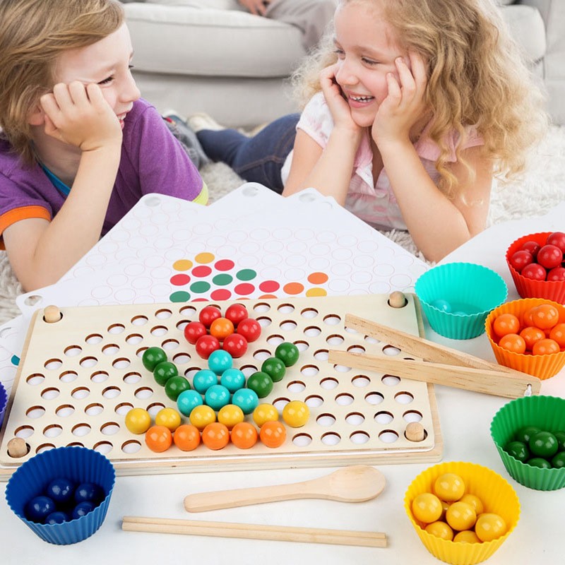 Wooden Peg Board Beads Game Educational Rainbow Clip Beads Puzzle