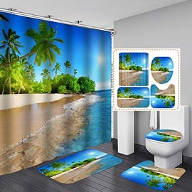 Hoftial Coastal Sunny Beach Scenery 3D Printed Shower Curtain Set Pedestal Rug Toilet Lid Cover Carpet Bath Mat Sets Bathroom Decor with 12Pcs Hooks (Sunny Beach,4Pcs/Set)