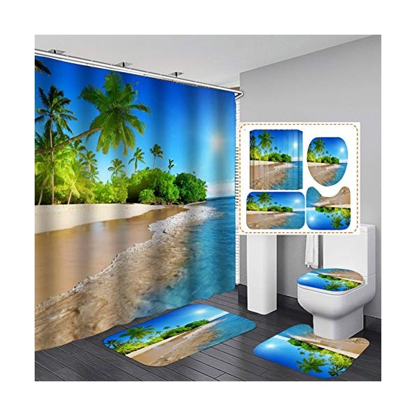 Hoftial Coastal Sunny Beach Scenery 3D Printed Shower Curtain Set