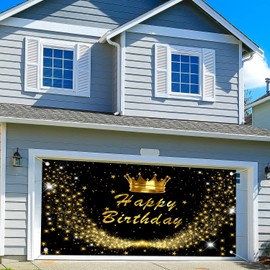 7X8ft Happy Birthday Garage Door Cover Background Golden Crown Black and Gold Giltter Shining Stars Boy Girl Kid Backdrop Happy Birthday Party Decoration Outdoor Indoor Banner Cover