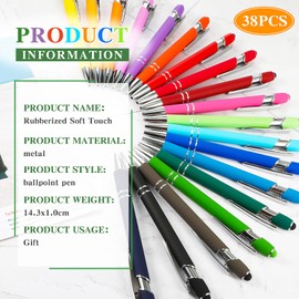 38 Pieces Rubberized Ballpoint Pen with Stylus Tip Stylish Metal Pen Capactive Styli Pen with Soft Rubberized Grip, Black Ink Pen for Most Touch Screen Devices (Assorted Colors)
