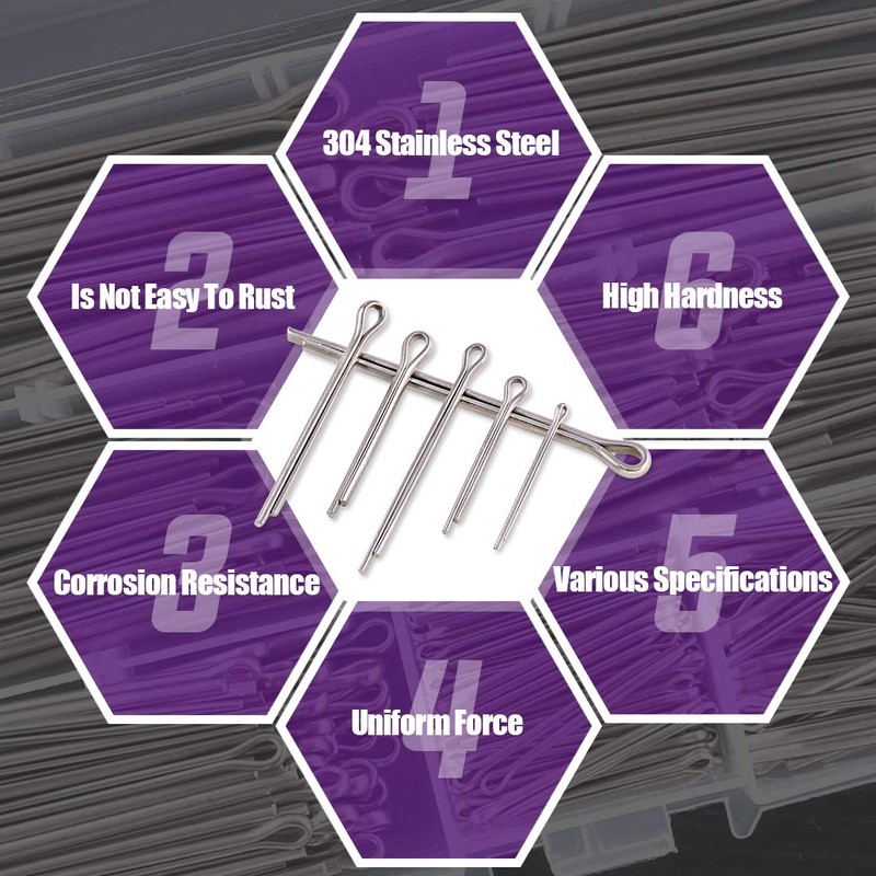 Swpeet 340Pcs 304 Stainless Steel Cotter Pin Clip Key Fastener