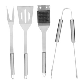 Home Basics 4 Piece Stainless Steel BBQ Tool Set | Fork, Spatula, Tong & Brush for Grilling | Durable | Hanging Hook
