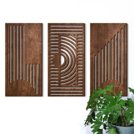3 Pcs Geometric Wood Wall Art Decor, Wooden Minimalist Wall Hanging Decor, 3D Hollow Carved Craft Art Set, Boho Abstract Wall Sculptures Panels Decoration for Home Living Room Bedroom Kitchen (B)