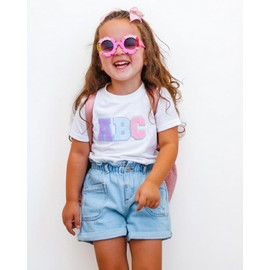 YOKJZJD 2Pcs Toddler Baby Girl Back To School Outfit ABC T-Shirt Bell Bottom Pants Set Summer First Day of School Clothes (Purple, 5-6 Years)