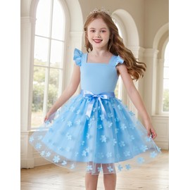 Girls Dresses Blue Wedding Bowknot Flutter Sleeve Square Neck Princess Tulle Floral Tutu Formal Sundress Kids Summer Outfits Toddler Flower Dress 4-5 Years