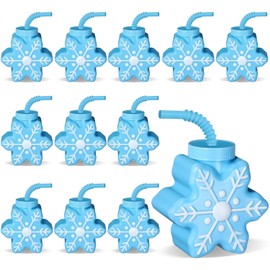 Sliner Winter Snow Themed Party Favor Supplies Snowflake Cups with Straws,10 oz Plastic Snowflake Shape Cups Winter Birthday Party Favor Baby Shower Party Supplies