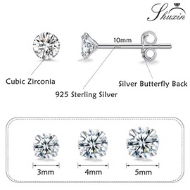 Shuxin Sterling Silver Stud Earrings for Women, Set of 3 Pairs Small Diamond Earrings, Tiny Cubic Zirconia Stud Earrings Set Hypoallergenic Sleeper Earrings 3, 4, 5mm