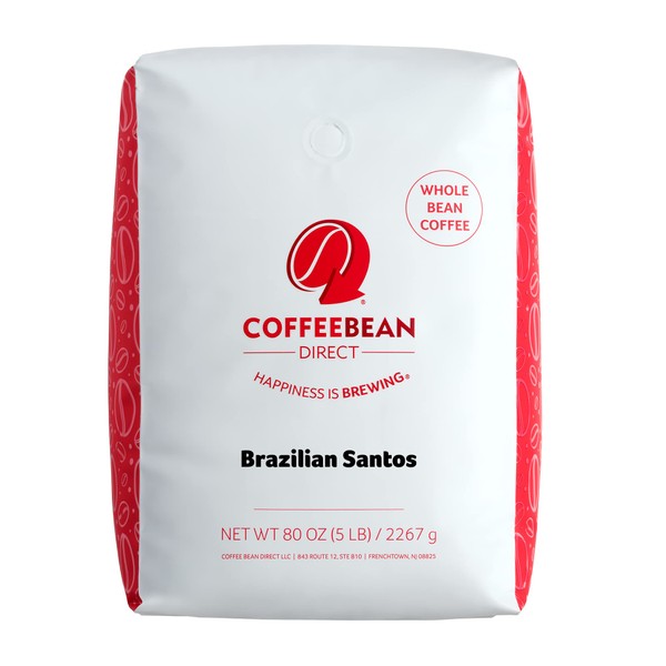 Coffee Bean Direct Brazilian Santos, Whole Bean Coffee, 5-Pound Bag