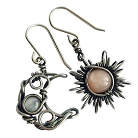 Handmade Antique Boho Silver Sun & Moon Shape Earrings | Unique Celestial Charm Vintage Style | Healing Crystal Mismatched Moonstone Earrings | (1 Pair)