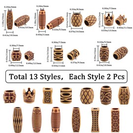 GORGECRAFT 26 Pieces 13 Styles Dreadlocks Beads Hair Accessories Beard Beads Hair Braid Cuff Clip Plastic Hair Tube Beads Hair Pendant Cuffs Wood-like Tube Beads Hair Decorations
