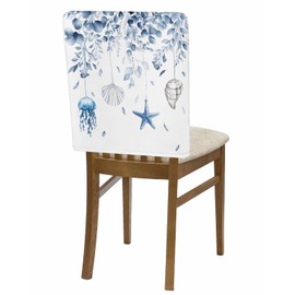 Anzona Blue Coastal Chair Back Covers for Dining Room, Eucalyptus Leaves Beach Linen Polyester Back Chair Protector, Starfish Shells Botanical 4 Pcs Back Covers for Dining Chair Decor, 20 x 19 in